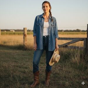 Women’s Medium Vintage Western Blue Denim Button-Up Shirt